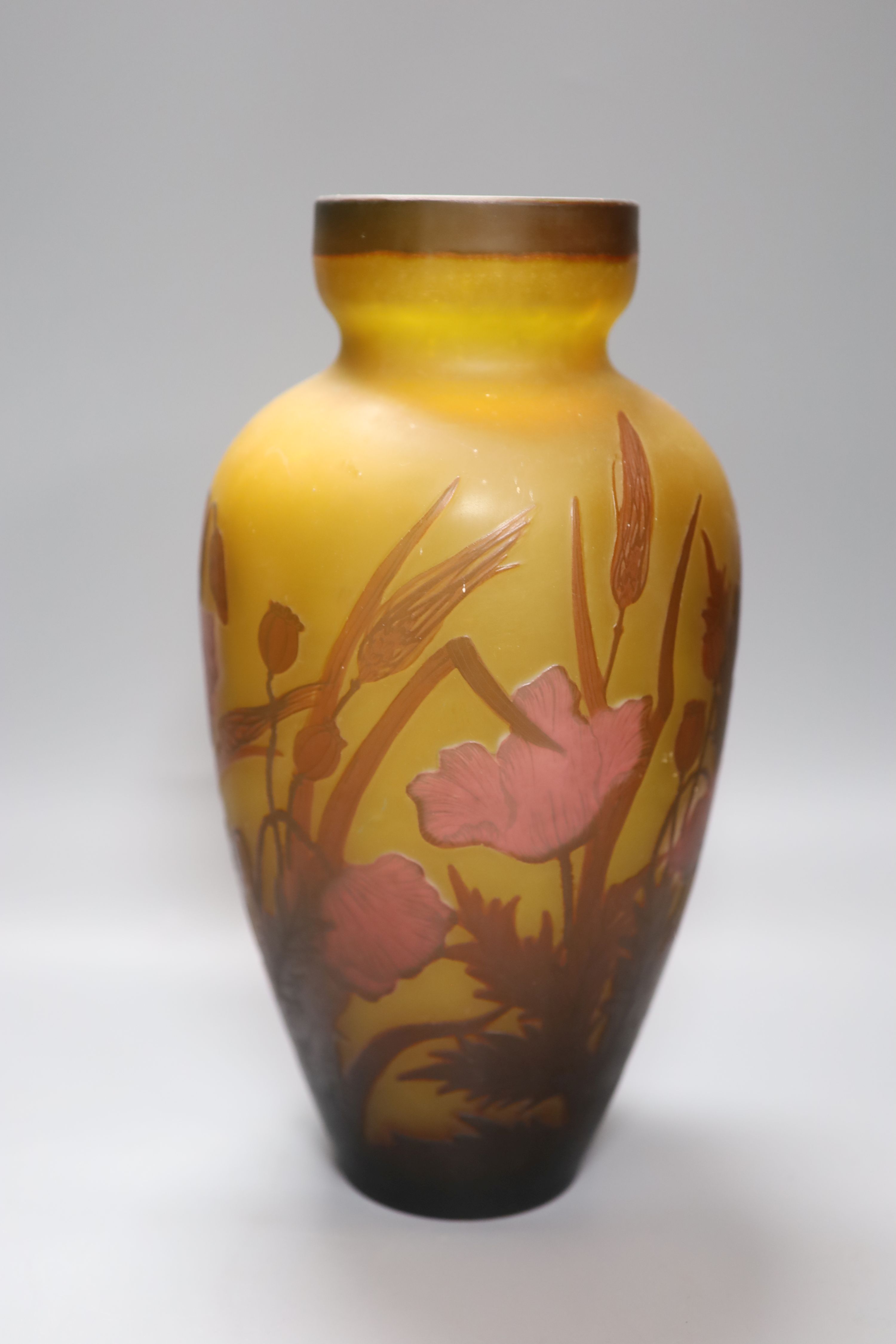 A Galle style glass vase, etched with flowers and leaves, height 33.5cm